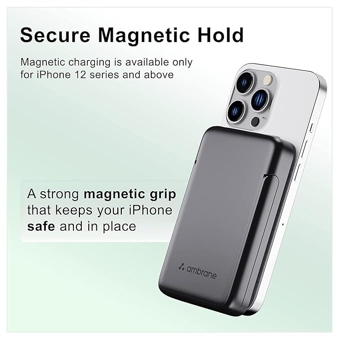 Ambrane 10000mAh Magnetic Wireless Power Bank with Stand, 15W Wireless Fast Charging, Compact 22.5W PD Wired Charger, Compatible with iPhone 12/13/14/15 & Other Wireless Devices (Aerosync PB10,Black)