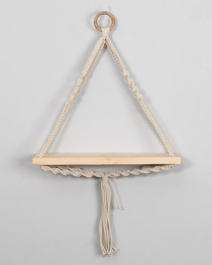 Homesake Macrame Wall Hanging Shelf Woven Home Decor Wood Floating Storage Shelf Bohemian Handmade Cotton Rope,Living Room, Balcony, Garden, (71 L x 40 W), Beige