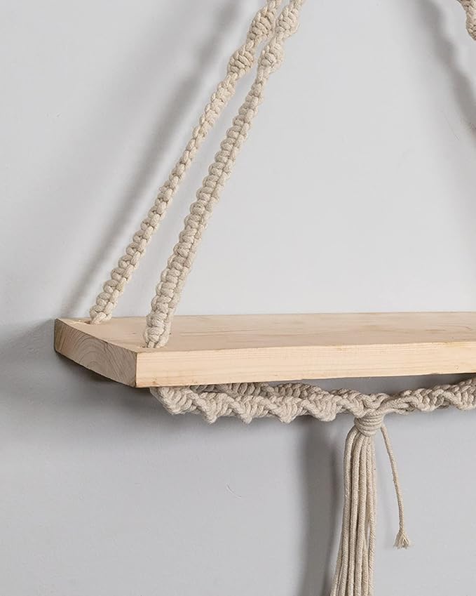 Homesake Macrame Wall Hanging Shelf Woven Home Decor Wood Floating Storage Shelf Bohemian Handmade Cotton Rope,Living Room, Balcony, Garden, (71 L x 40 W), Beige