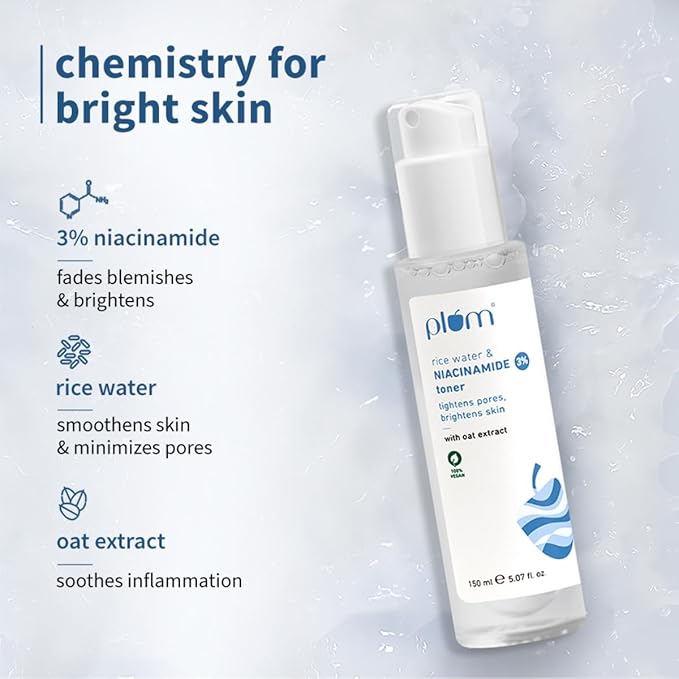 Plum 3% Niacinamide & Rice Water Face Toner | Alcohol-Free Toner for Oily Acne Prone Dry Combination Skin | Pore Tightening & Glowing Skin |Fades Blemishes, Brightens & Smoothens | Women & Men | 150ml
