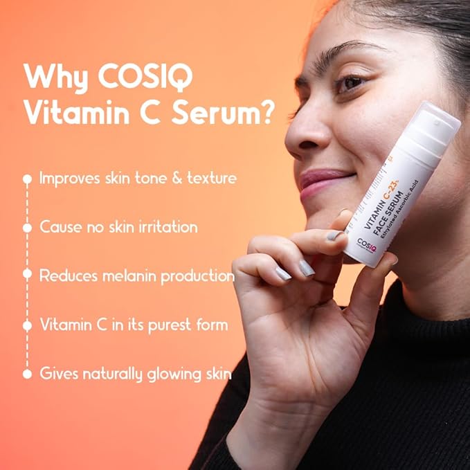 Cos-IQ 23% Vitamin C Face Serum for Glowing Skin (30 Days Pack) | Advanced Molecular Skincare Technology | Highly Stable, Non Irritating, Non Sticky| Brightening Vit C Formula For Men and Women | 30ml