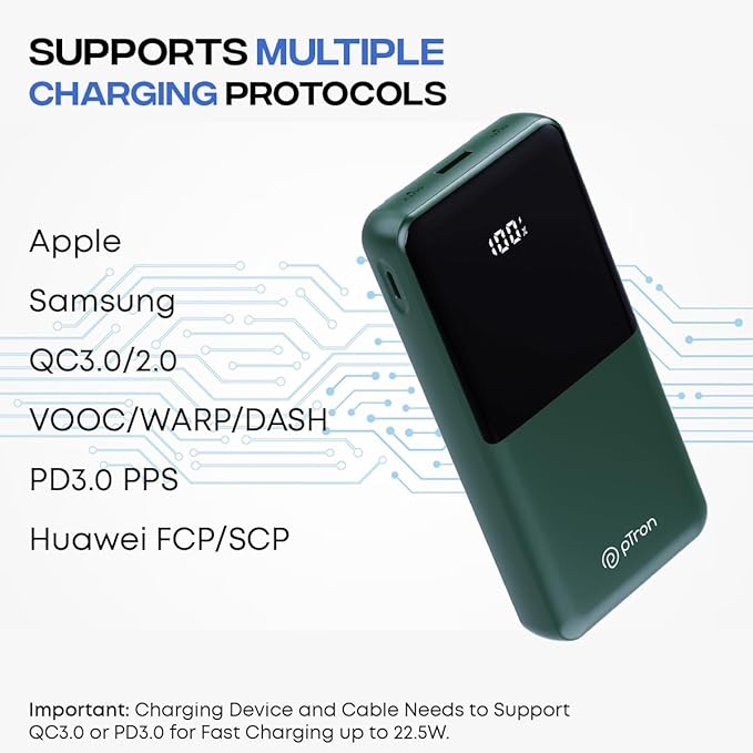 pTron Dynamo Power 20000mAh 22.5W Super Fast Charging Power Bank with Quick Charge & 20W Power Delivery, Built-in Charging Cables, 4 Outputs, Type-C Input/Output Port & LED Battery Display (Green)