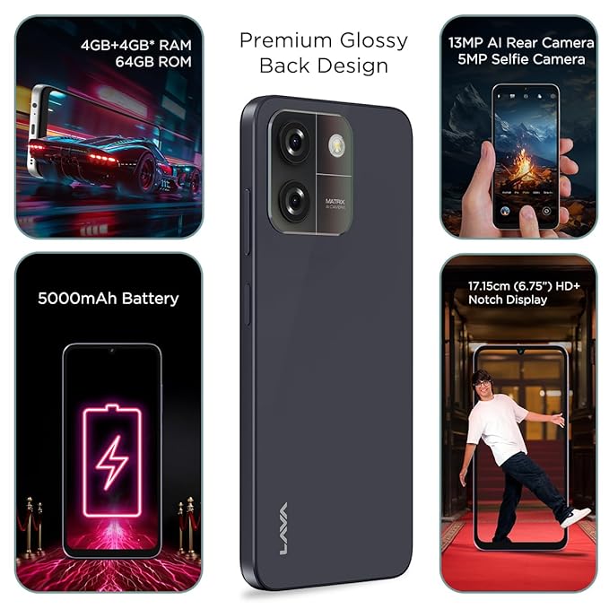 Lava O3 (Glossy Black, 4 GB RAM, 64 GB Storage) | Biggest 6.75" HD+ Display | 13MP AI Dual Rear Camera | 5000 mAh Battery | Secure Face Unlock | Fingerprint Reader | Charger & Phone-Cover in Box