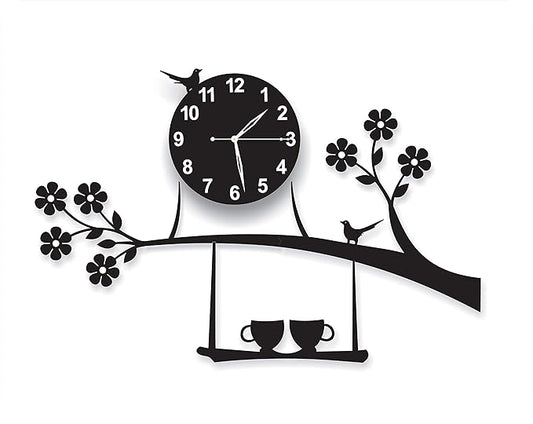 invision1 Plastic 3D Acrylic Tree Birds Coffee Cup On Jhula Design Wall Clock (Black, 69.9 x 41.9 x 1.3 cm) Analog