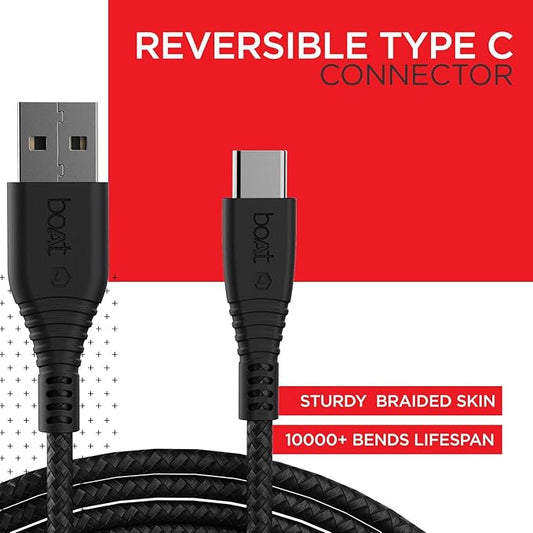 boAt Type C A325/A320 Tangle-free, Sturdy Type C Cable with 3A Rapid Charging & 480 Mbps Data Transmission Speed, Compatible with Smartphones & Tablets(Black)