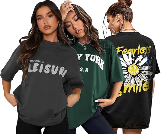 London Hills Women Printed Round Neck Oversized T-Shirt | Loose Fit Drop Shoulder T-Shirt Pack of 3