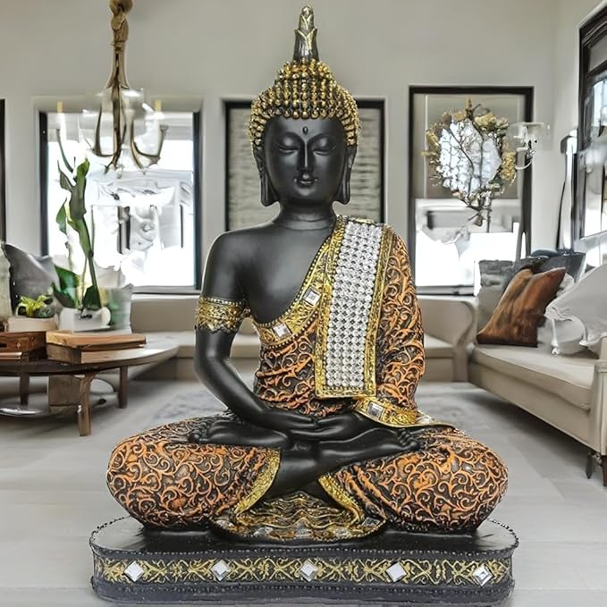 Global Grabbers New 25 Centimetre Meditating Sitting Buddha Statue showpiece Idol Home Decor Items for Living Room and Gifts (1, Orange Black)