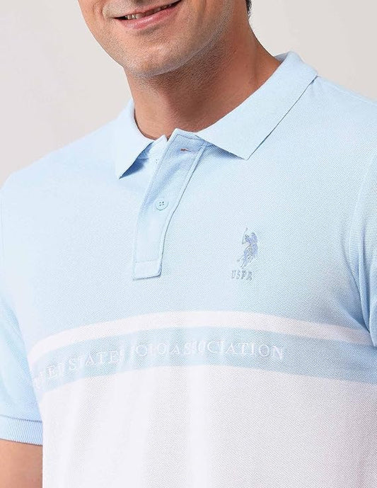 U.S. Polo Assn. Men's Blue Colour Blocked Polo Collar Half Sleeve Casual Cotton Slim Fit T-Shirt