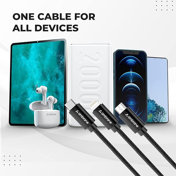 Ambrane Unbreakable 3 in 1 USB Fast Charging USB Cable with Type C, Lightning, Micro USB Port with 2.1 A, Compatible with iPhone, iPad, Samsung, OnePlus, Mi, Oppo, Vivo, Xiaomi, 1.25M (Trio-11, Black)