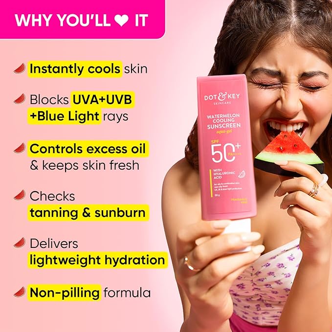 Dot & Key Watermelon Cooling Sunscreen SPF 50+ PA++++ | With Hyaluronic Acid, Instantly Cools Skin, Broad Spectrum Protection | Controls Excess Oil, Checks Tanning, No White Cast, All Skin Types | 50g