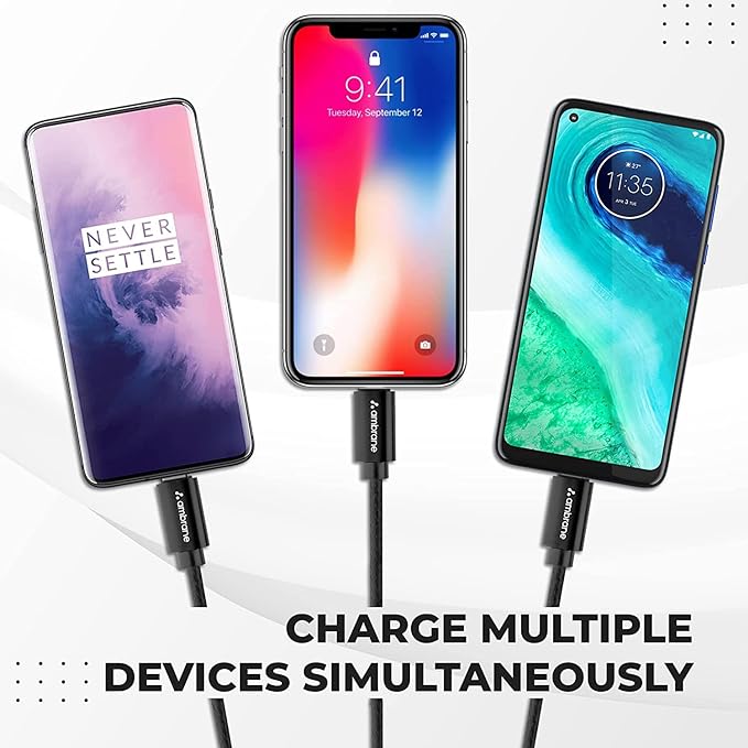 Ambrane Unbreakable 3 in 1 USB Fast Charging USB Cable with Type C, Lightning, Micro USB Port with 2.1 A, Compatible with iPhone, iPad, Samsung, OnePlus, Mi, Oppo, Vivo, Xiaomi, 1.25M (Trio-11, Black)