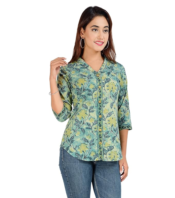 Jaipuri Cotton Floral Printed Shaded Shirt for Women (Top Style)