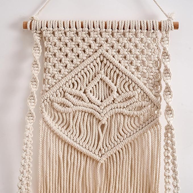 Decazone Macrame Indoor Wall Hanging Shelf Chic Decor Wood Floating Boho Shelves with Wooden Dowel Hand Woven Bohemian Decor for Apartment Dorm Bedroom Living Room Nursery 60 x 30 cm (Beige)