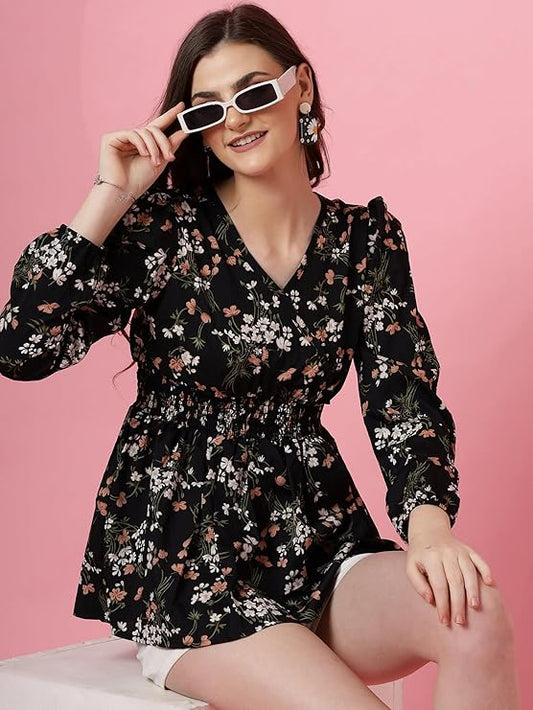 Women's Casual Puff Sleeves Floral Print Peplum Top