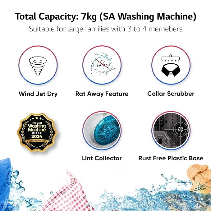 LG 7 Kg 5 Star Wind Jet Dry Semi-Automatic Top Loading Washing Machine (P7020NGAZ, Dark Gray, Rat Away Feature)