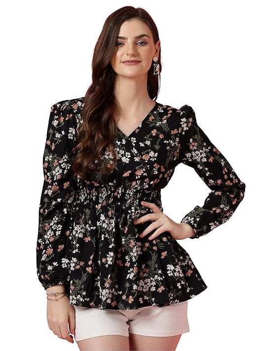 Women's Casual Puff Sleeves Floral Print Peplum Top