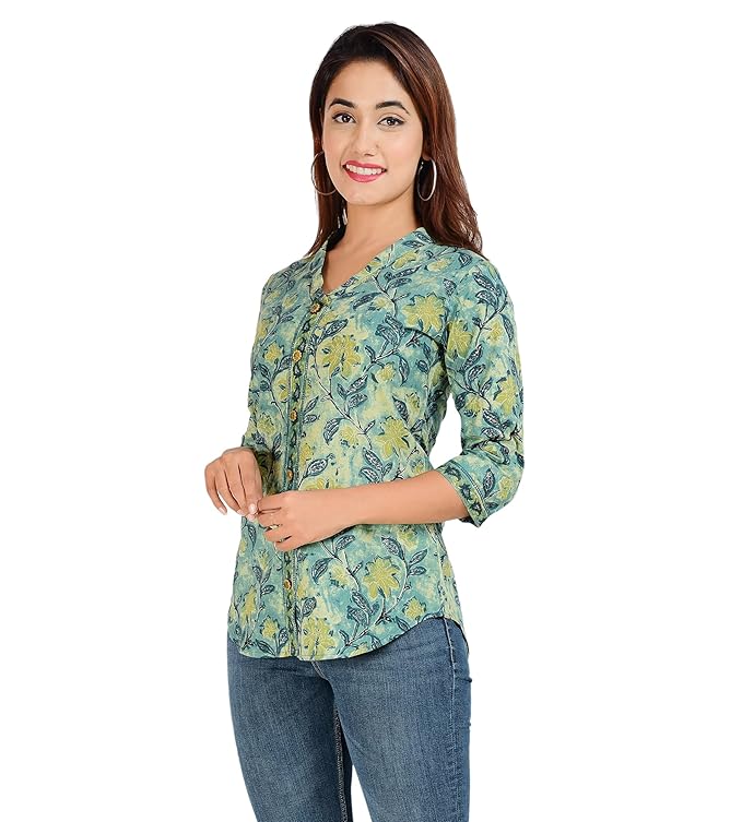 Jaipuri Cotton Floral Printed Shaded Shirt for Women (Top Style)