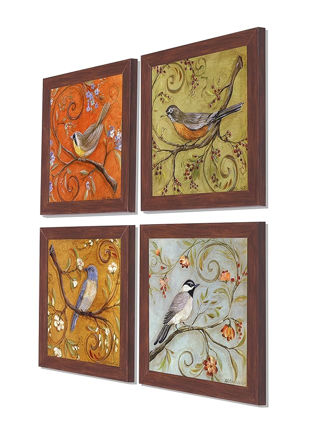 Painting Mantra - Multicolor Jardine Birds Set of 4 Brown Framed Painting,UV Textured Art Prints (10 x 10 inch)